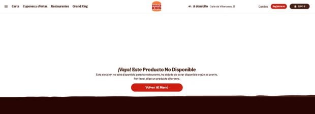 Captura de la web de Burger King tras retirar el menú de El Xocas.