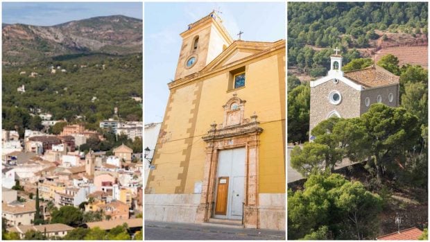 Montaje con imágenes del pueblo de Nàquera, la Iglesia de Nuestra Señora de la Encarnación y la Ermita de Sant Francesc (Turismo Comunidad Valenciana).