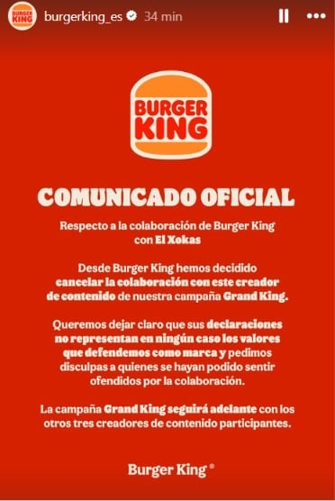 Comunicado oficial de Burger King sobre su colaboración con ElXocas (Instagram).