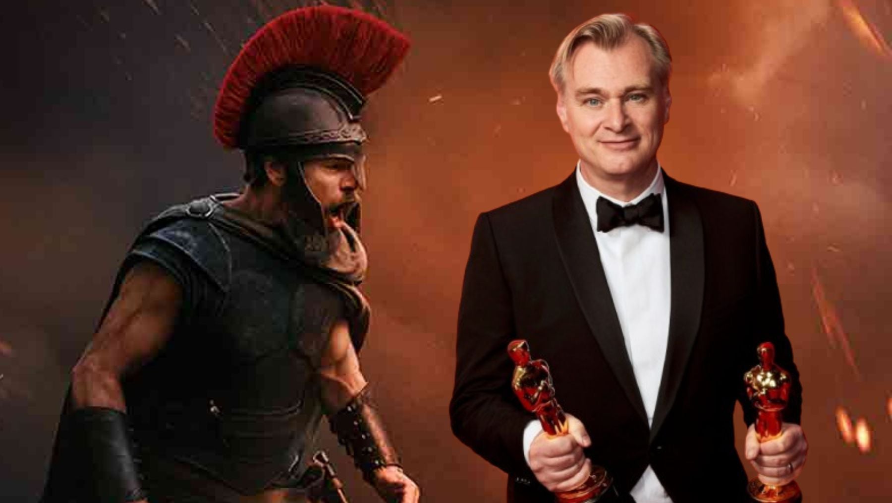 Matt Damon en ‘La Odisea’ y Christopher Nolan. (Universal Pictures)