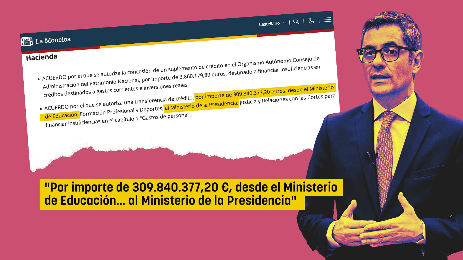 El Gobierno le quita 309 millones a Educación para pagar los sueldos del Ministerio de Presidencia