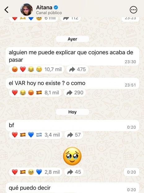 Aitana, indignada con el VAR en el España-Argentina. (Foto: WhatsApp)