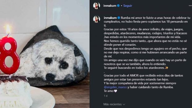Imagen publicada por la actriz Inma Cuesta en la que se puede ver a su perrita Rumba junto a las velas de su 18º cumpleaños (Instagram).