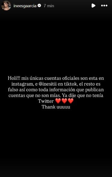 Captura del mensaje de Inés García en Instagram negando que haya publicado ningún comunicado (Instagram).