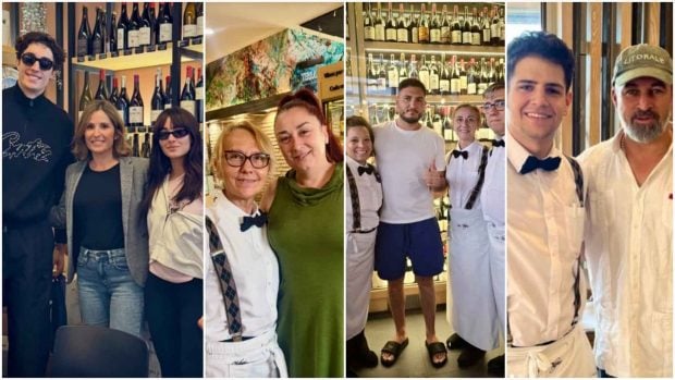 Aitana con Plex, Ángeles (de Camela), Omar Montes y Santiago Abascal en un montaje de imágenes en el restaurante Los Chopos (Instagram).