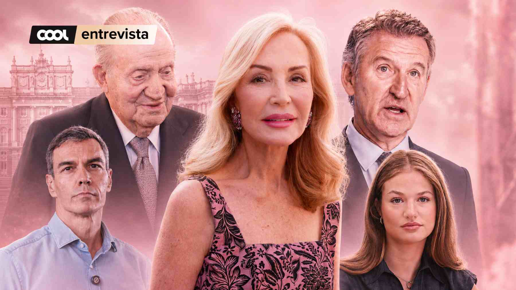Carmen Lomana junto a Felipe VI, Juan Carlos I, la princesa Leonor y Feijóo. (Foto: Europa Press/IA)