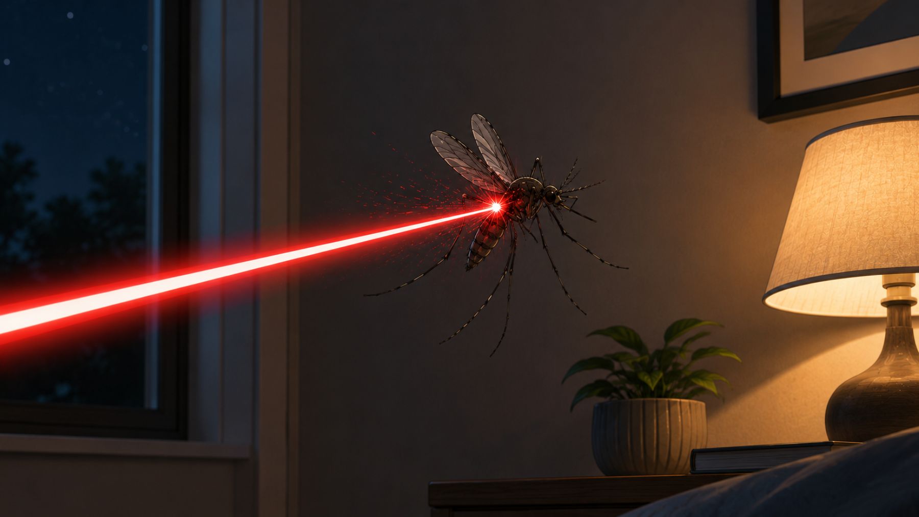 Mosquito alcanzado por un rayo láser. Generado por IA.