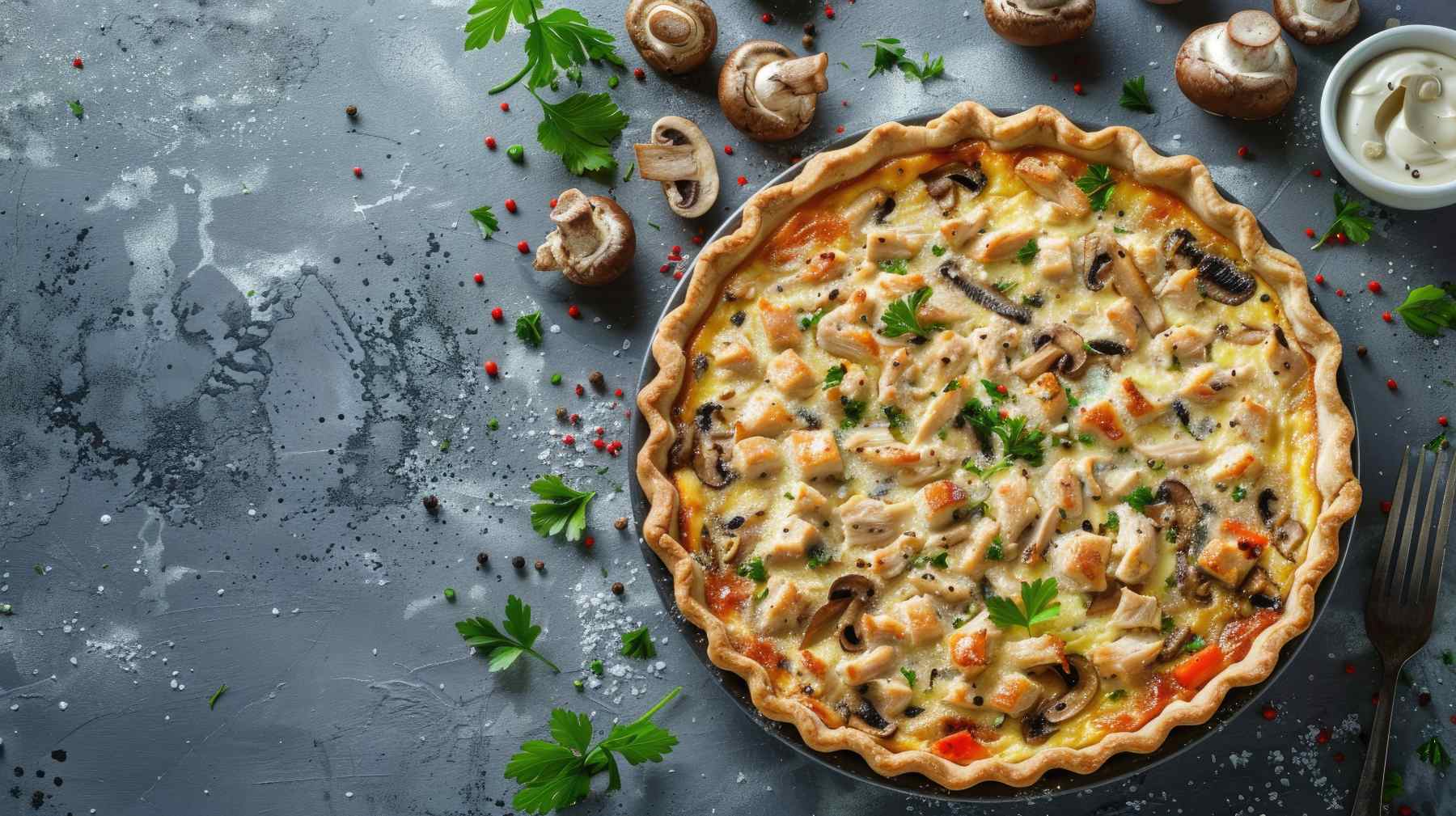 Quiche de pollo y champiñones.