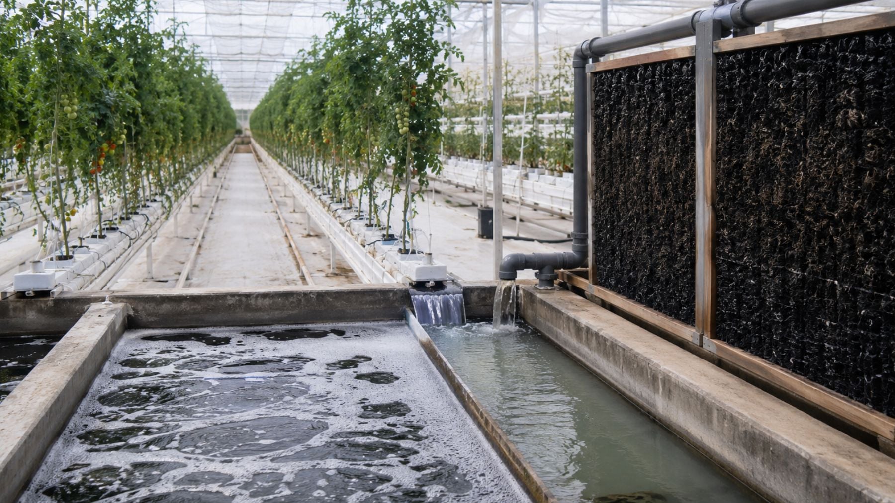 Recreación artística de un sistema de tratamiento y reutilización de aguas de drenaje en un invernadero hidropónico. Foto: elaboración propia con IA