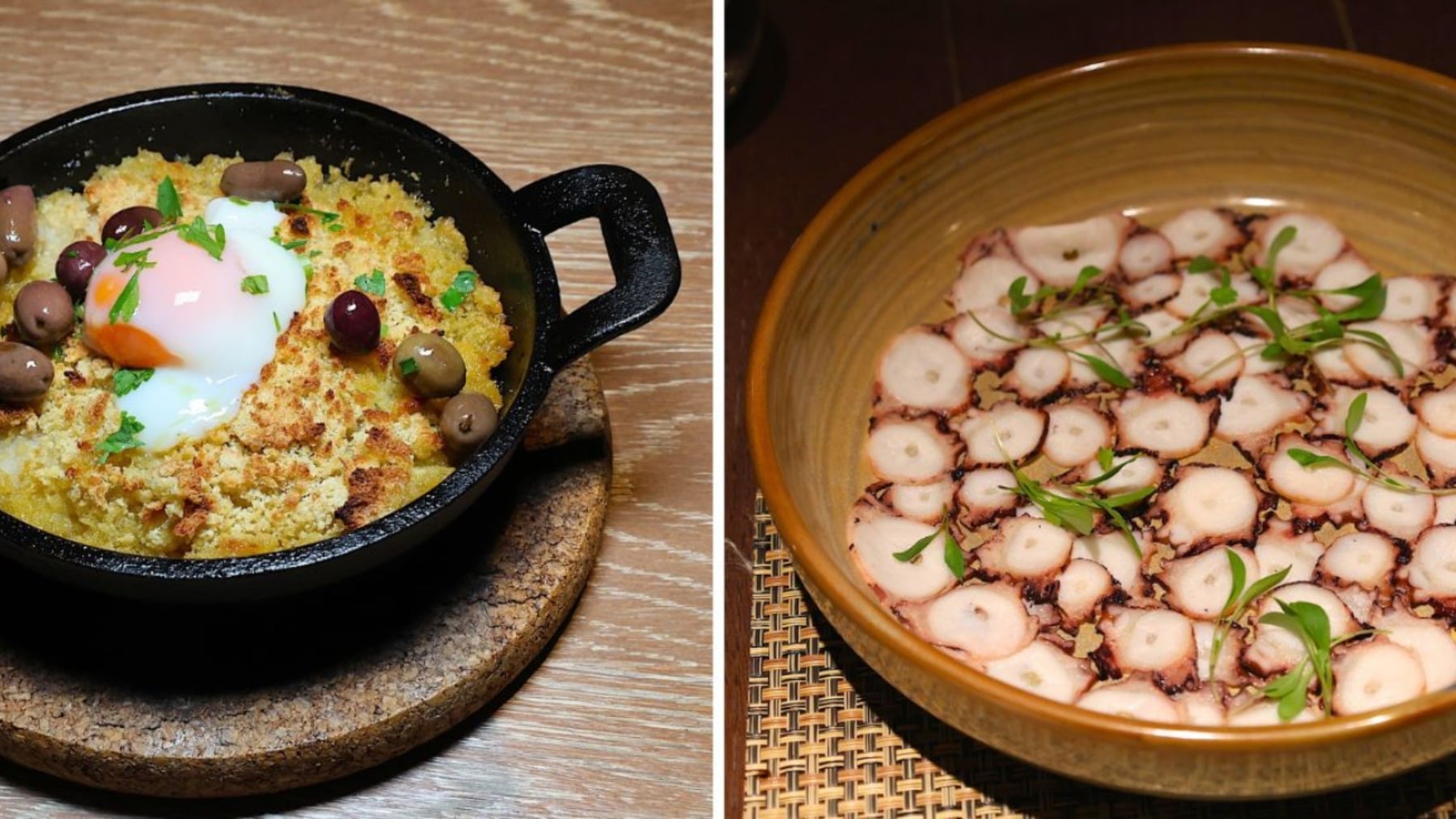 Carpaccio de pulpo y Lascas de bacalao con costra de pan de maíz, puré de garbanzos y huevo a baja temperatura. (Fotos Nacho Sandoval)