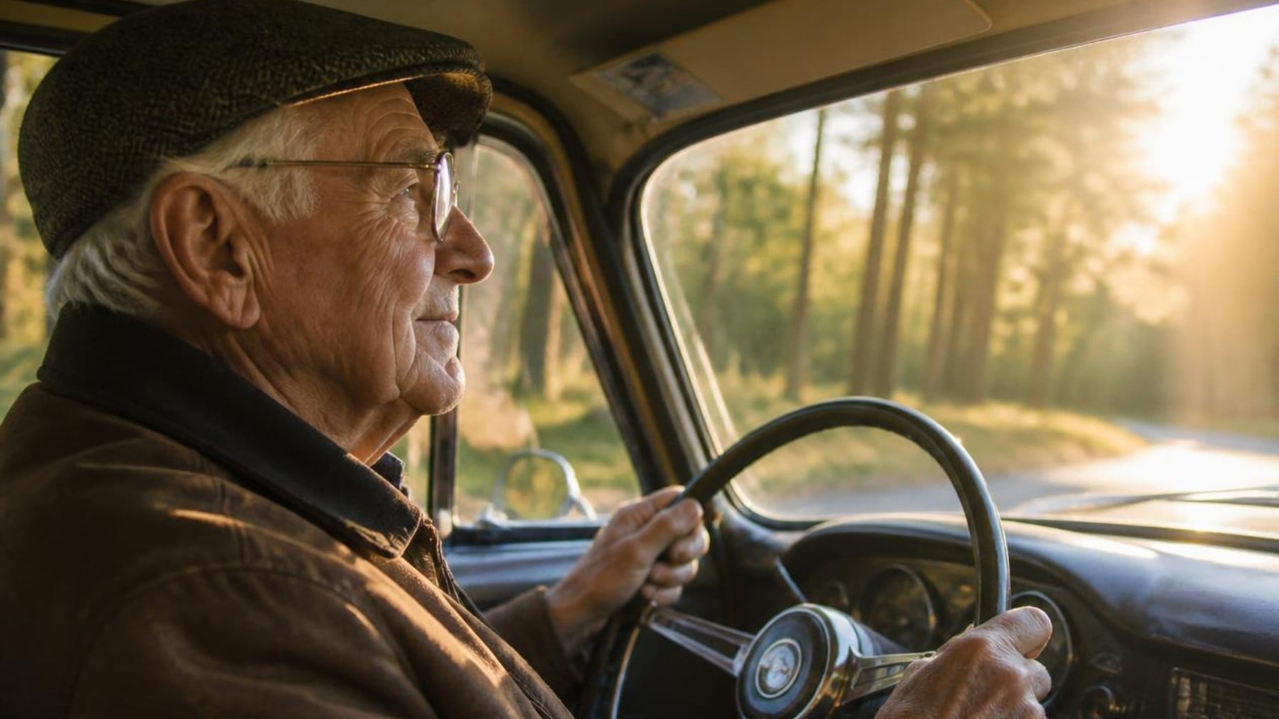 Un hombre mayor al volante (AI).