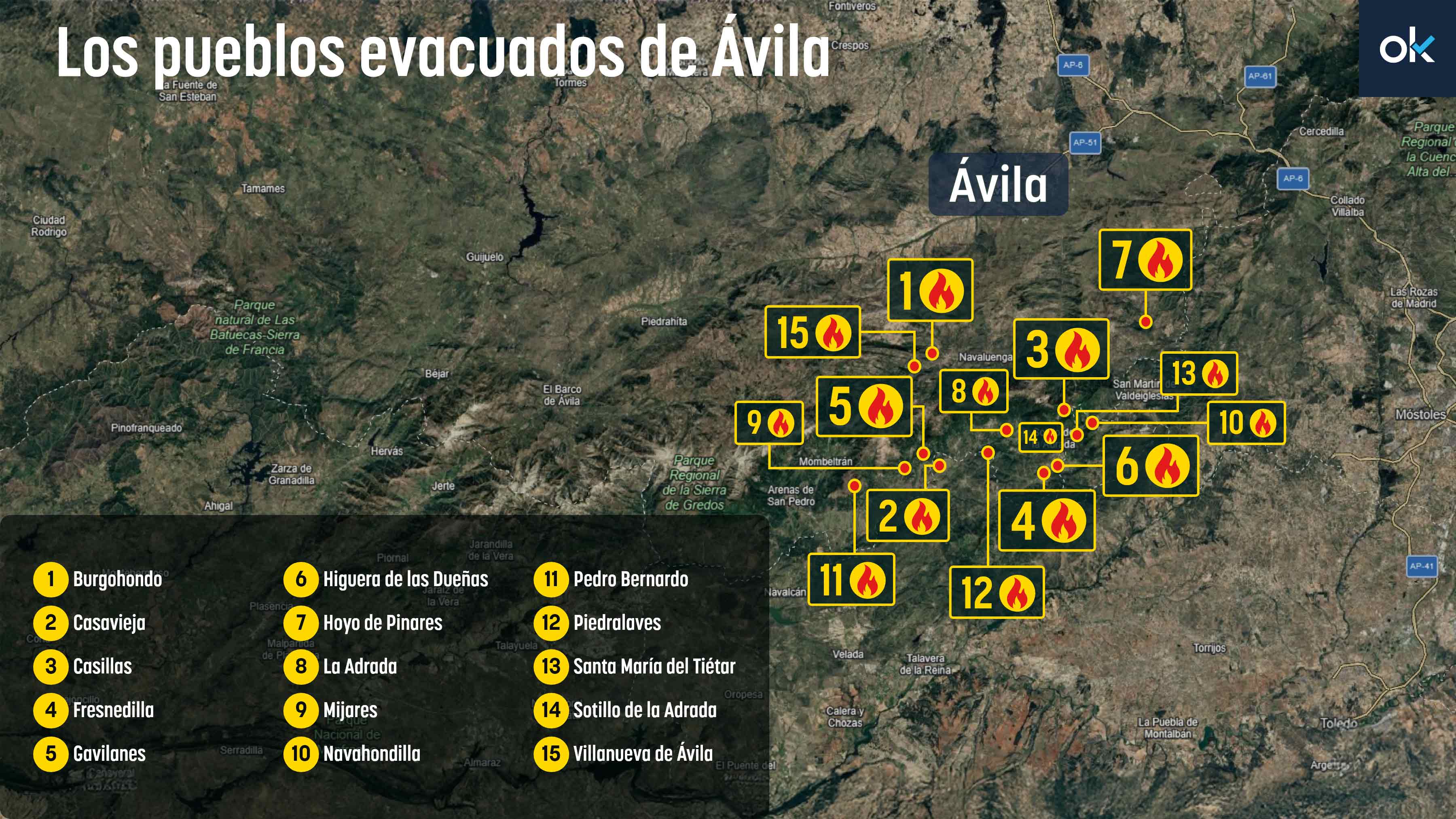 Mapa de todas las poblaciones evacuadas y confinadas por los incendios en Ávila este domingo