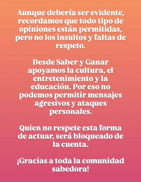 Comunicado del equipo de Saber y ganar en X.