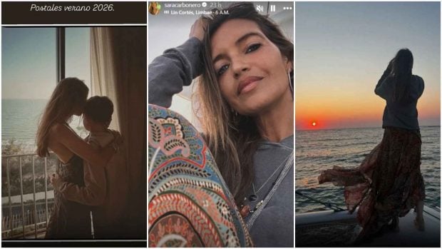 Montaje de im&aacute;genes de Sara Carbonero junto a sus amigos en las vacaciones de 2026 (Instagram).
