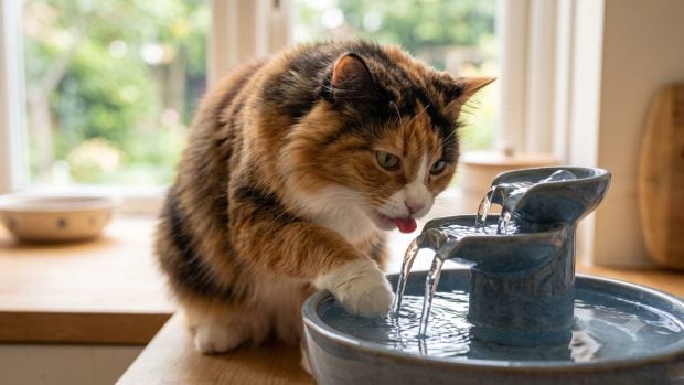 Gato bebiendo agua (Imagen hecha con IA).
