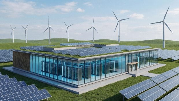 Centro de datos alimentado &uacute;nicamente con energ&iacute;as renovables. Generado por IA.