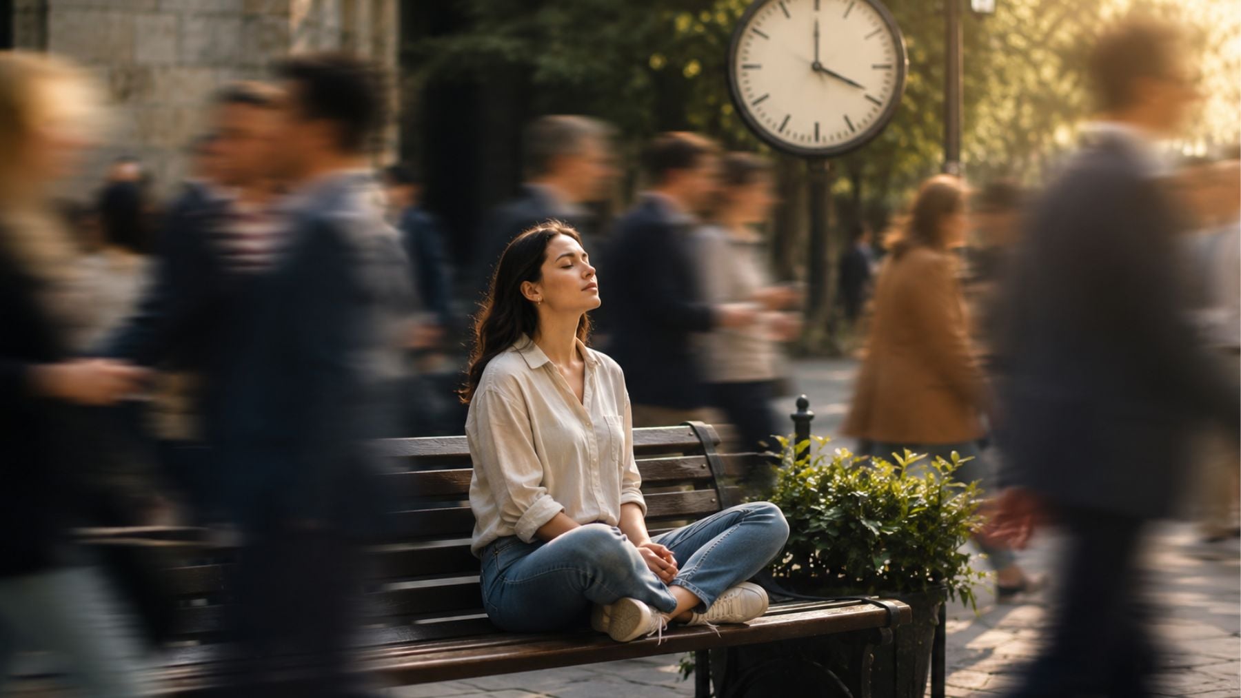 Recreación artística de una chica relajada en medio de gente que va deprisa. Foto: elaboración propia con IA