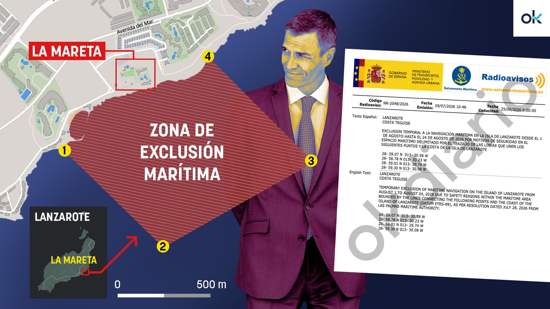 El Gobierno impone un cordón marítimo de 732.000 m2 sobre La Mareta para proteger las vacaciones de Sánchez