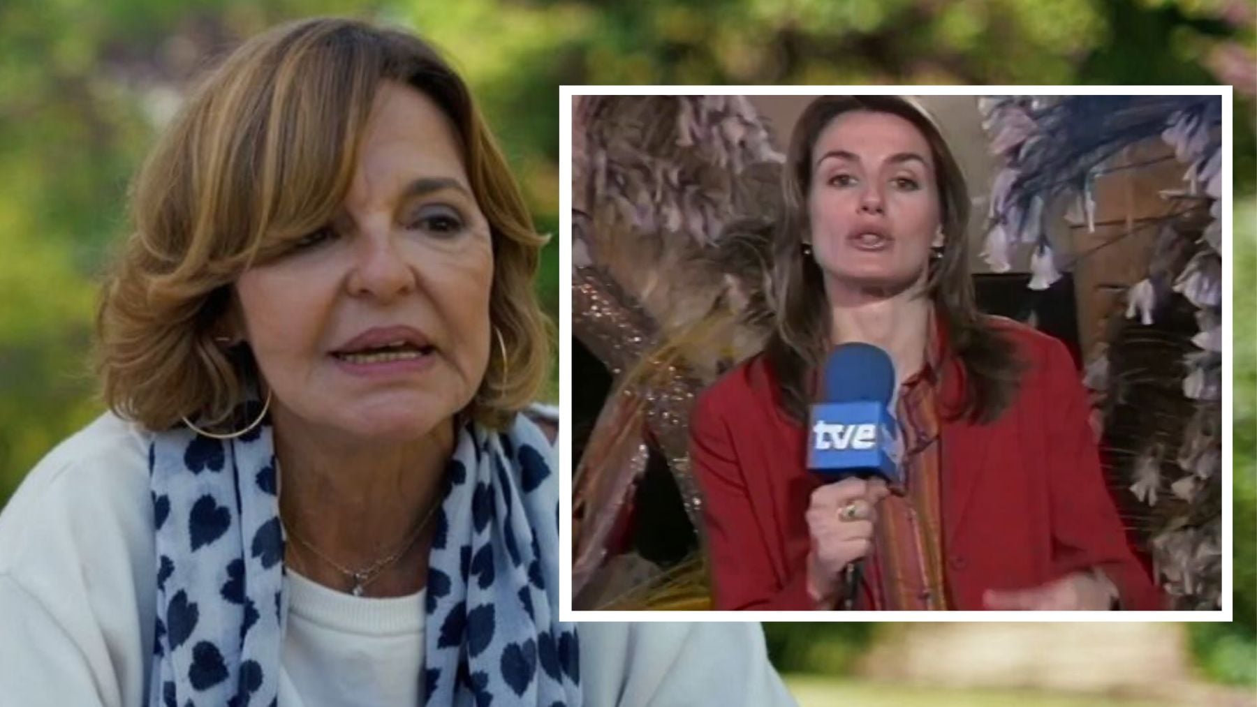 Almudena Ariza en ‘Me meto en un jardín’ y la Reina Letizia en los informativos. (TVE)
