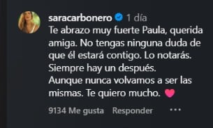 Captura del mensaje de Sara Carbonero a Paula Echevarría tras la muerte de su padre (Instagram).
