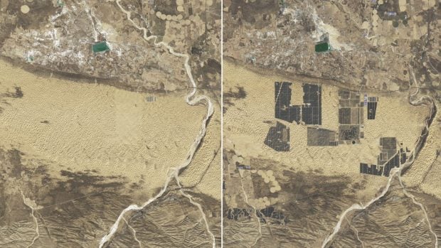 Comparación: Kubuqui en 2017 (izquierda) y en 2024 (derecha). Imagen: NASA.