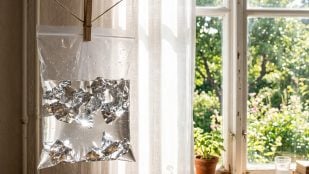 bolsa de agua con trozos de papel de aluminio