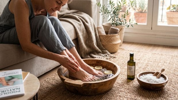 ¿Tiene sentido lavarse los pies con sal y aceite de oliva? (Imagen creada con IA).