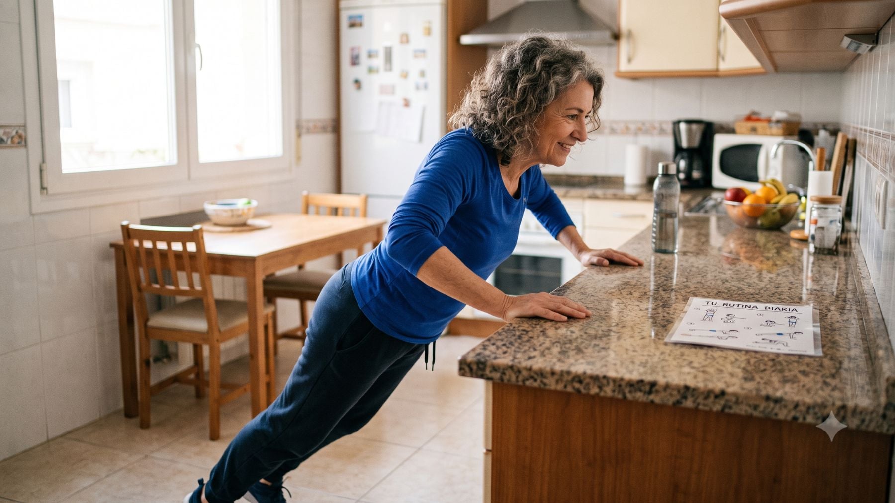 Los entrenadores lo tienen claro: A los 60, en vez de caminar 20 minutos, es mucho más eficaz hacer ejercicios como sentadilla con silla o flexiones en la encimera de la cocina