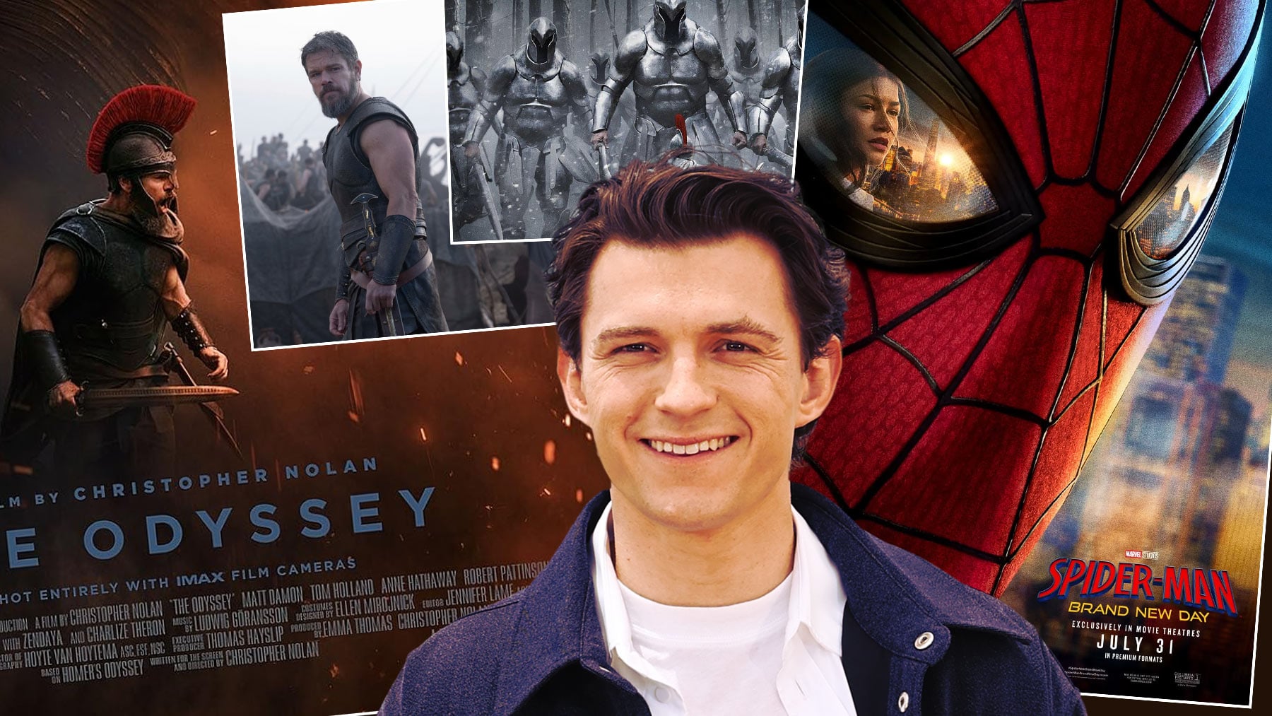 Imágenes de ‘La Odisea’, Tom Holland y ‘Spider-Man: Brand New Day’. (Universal Pictures / Sony Pictures)