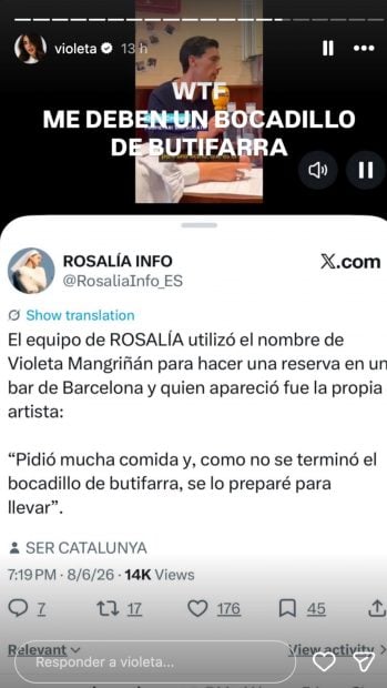 La petici&oacute;n de Violeta Mangri&ntilde;&aacute;n a Rosal&iacute;a. (Foto: Redes Sociales)