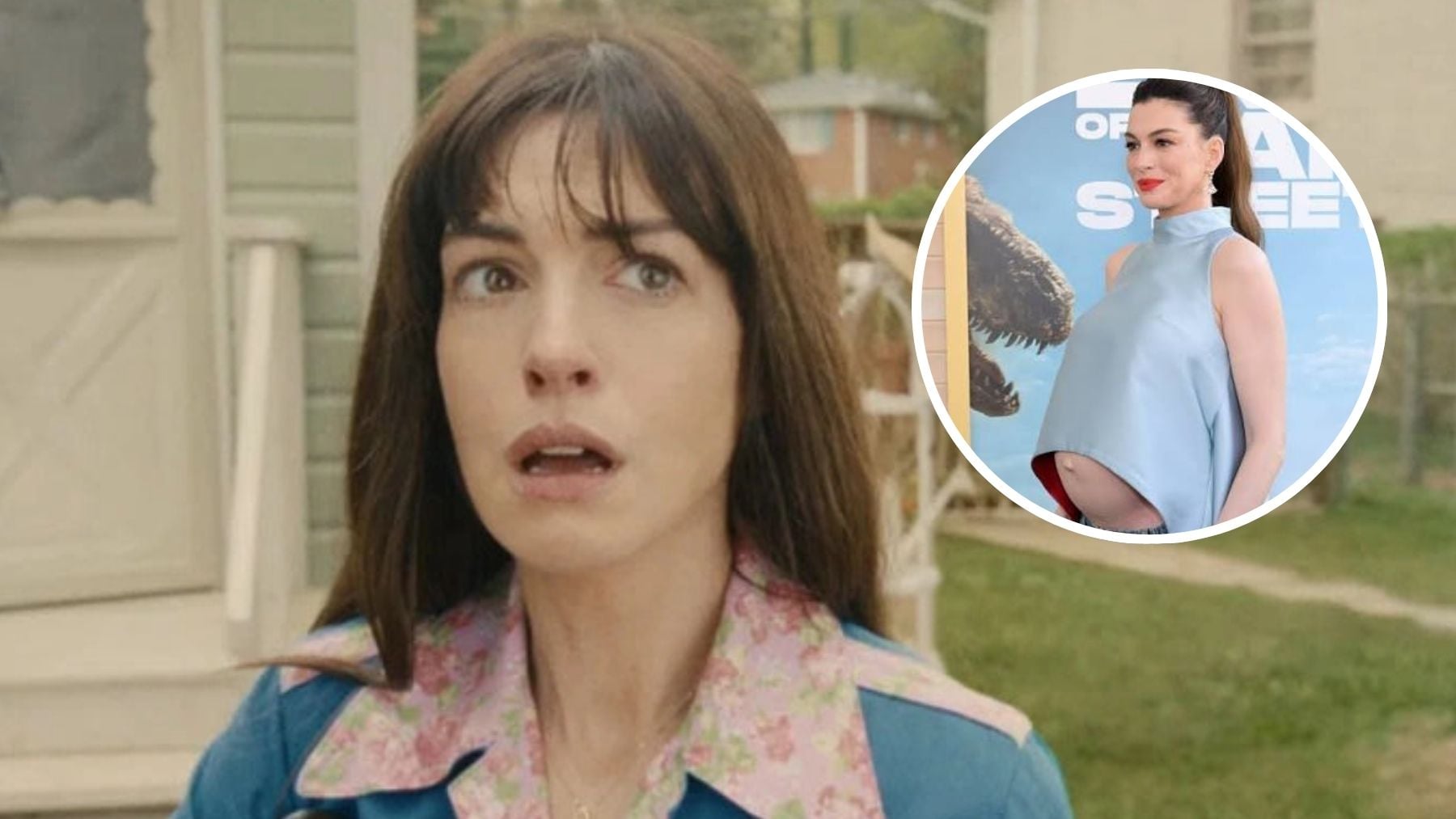 Anne Hathaway en ‘El final de Oak Street’ y en la première. (Warner Bros. Pictures)