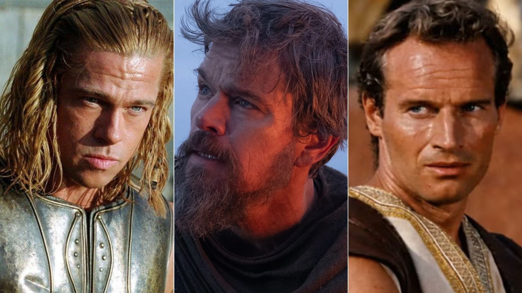 Brad Pitt en ‘Troya’, Matt Damon en ‘La Odisea’ y Charlton Heston en ‘Ben-Hur’. (Warner Bros. / Universal Pictures / MGM)
