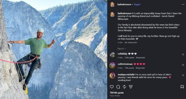 Post de despedida de Bailee Moore, amiga del escalador Jake Whisenant (Instagram).