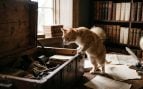 Un gato curioso inspecciona un antiguo baúl en un estudio repleto de libros y documentos, capturando la esencia del proverbio en la Inglaterra del siglo XVI. (Recreación con inteligencia artificial)