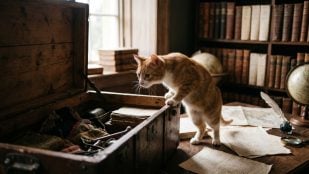 Un gato curioso inspecciona un antiguo baúl en un estudio repleto de libros y documentos, capturando la esencia del proverbio en la Inglaterra del siglo XVI. (Recreación con inteligencia artificial)