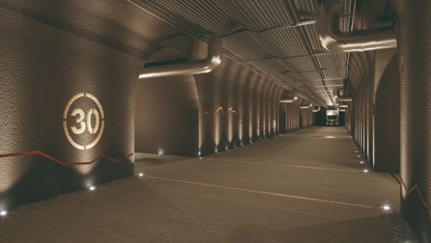 Túnel de acceso a las cavernas del proyecto MonSec, en el macizo del Brünig, con la numeración de cada unidad de almacenamiento. Imagen: MonSec