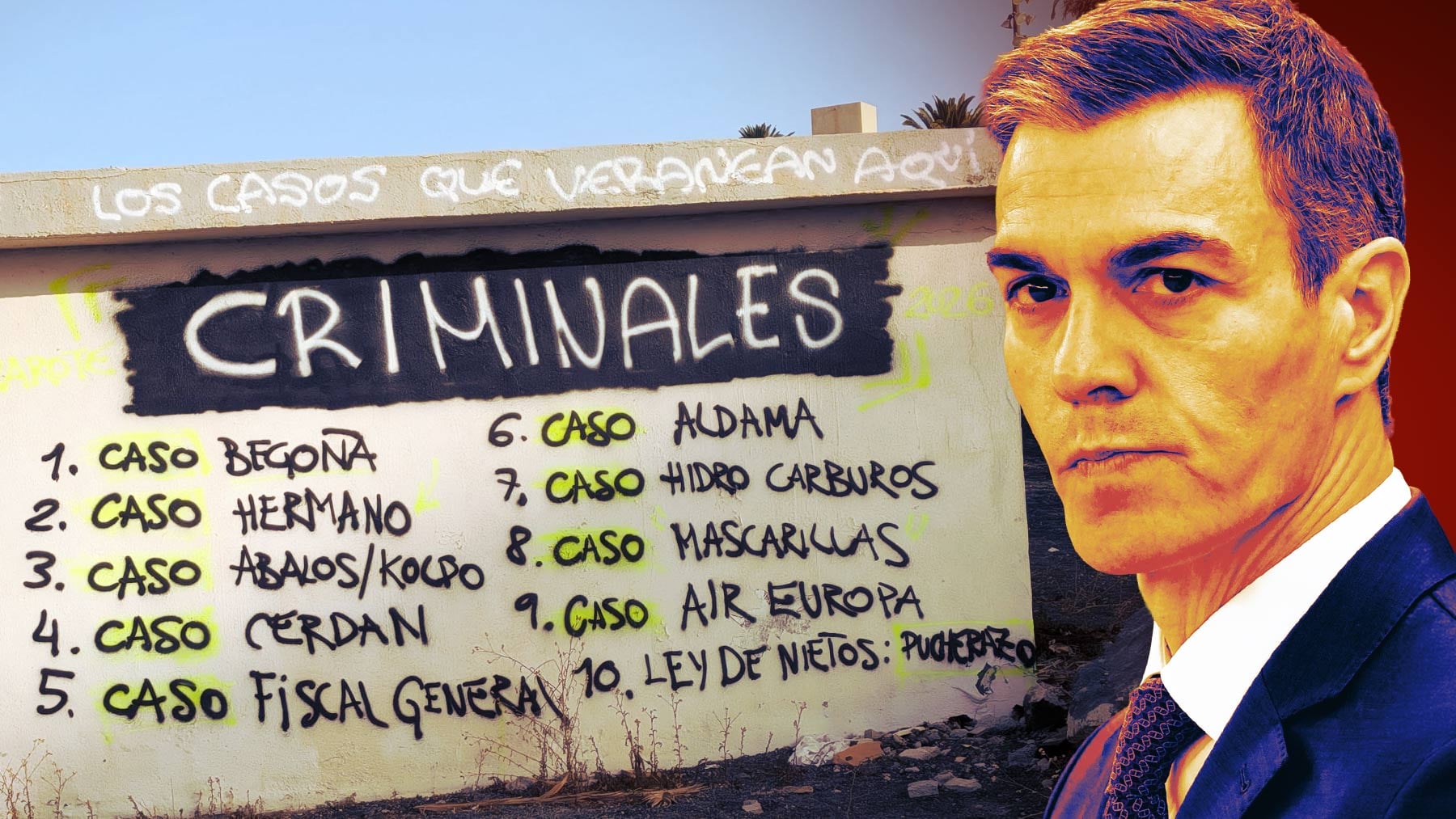 Una pintada a 800 metros de La Mareta le recuerda a Sánchez sus casos de corrupción en pleno veraneo: Criminales