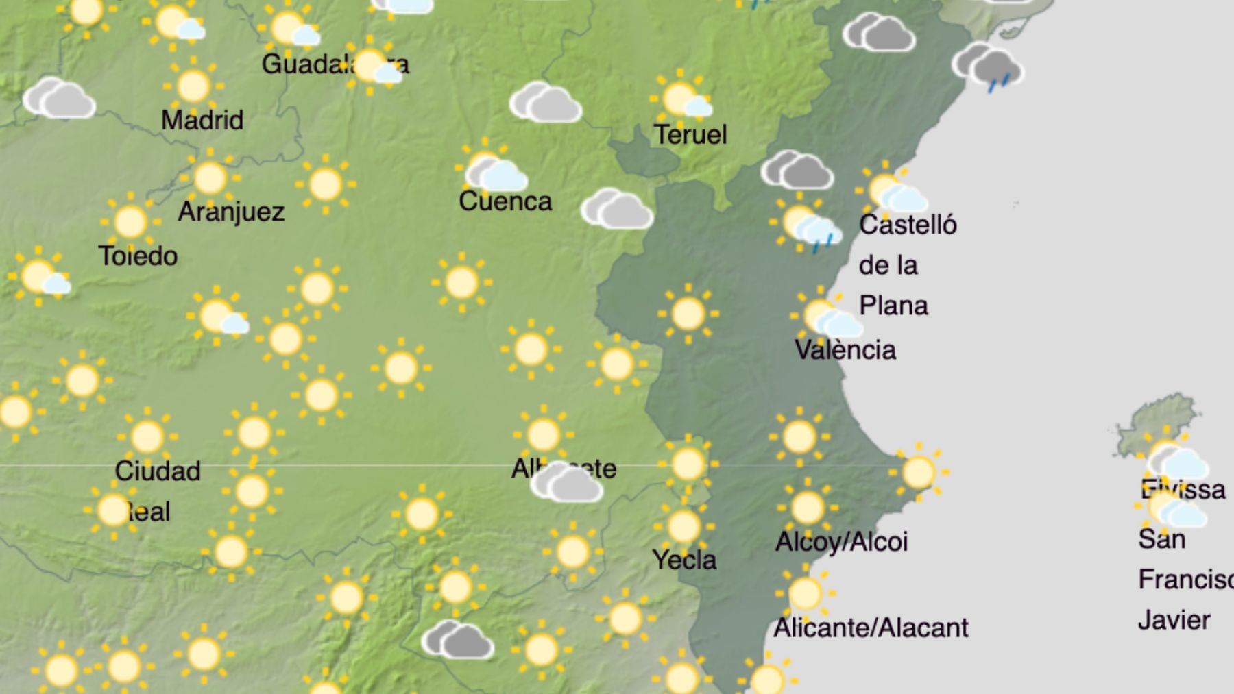 El mapa del tiempo en la Comunidad Valenciana. (Foto: AEMET)
