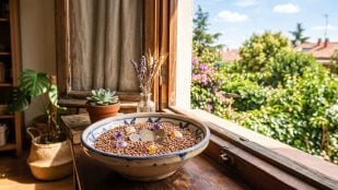 El Feng Shui recomienda poner un recipiente con lentejas al lado de una ventana durante agosto para atraer las oportunidades y el crecimiento económico (Imagen hecha con IA).