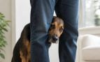 Perro mete su cabeza entre las piernas