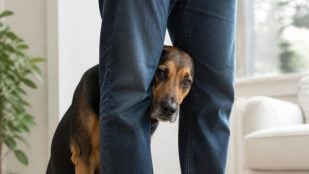 Perro mete su cabeza entre las piernas
