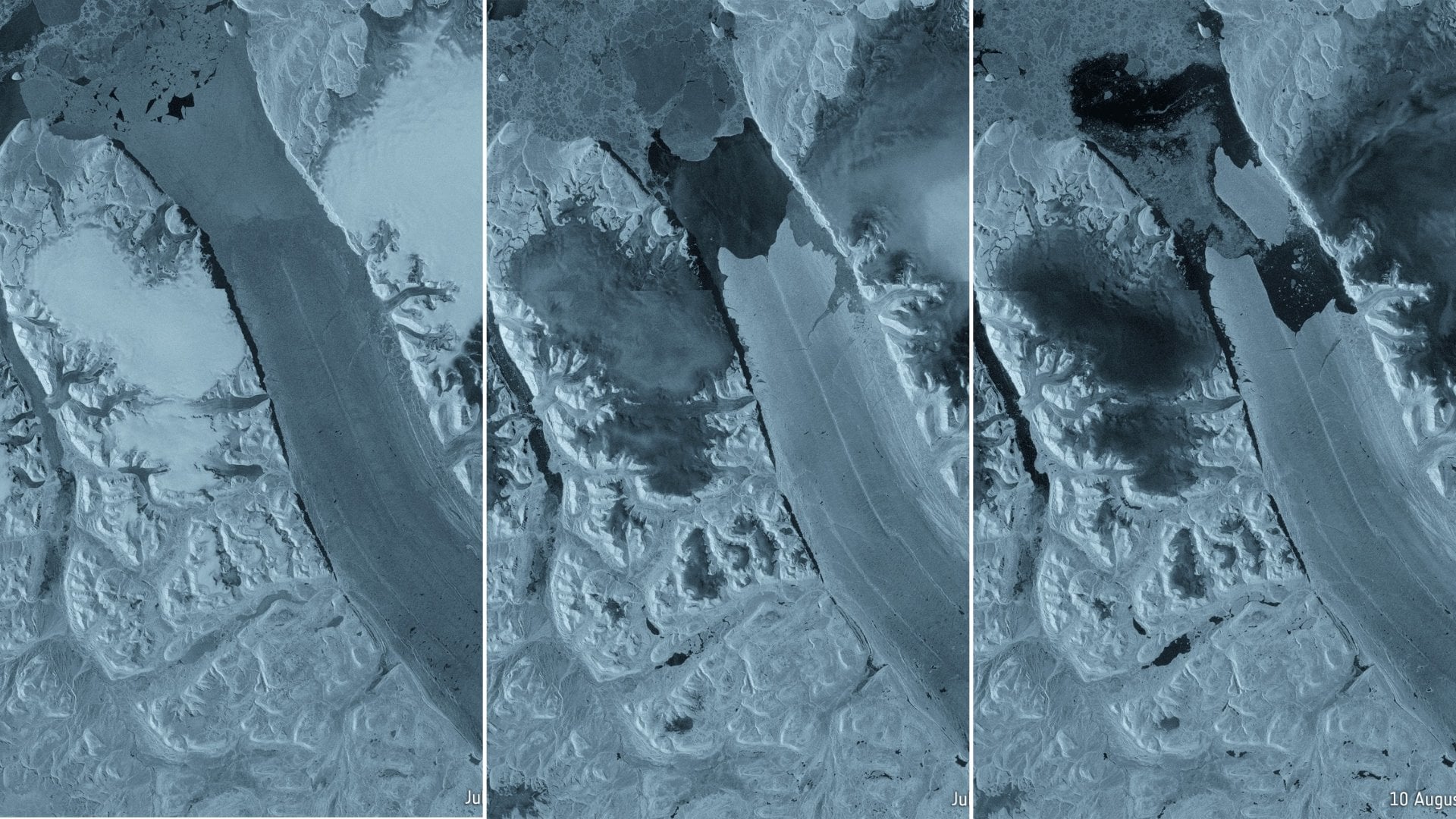 Secuencia del desprendimiento del iceberg del glaciar Petermann. (Fotos: ESA).