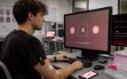 Joven realiza una prueba de atención con notificaciones de redes sociales conectado a sensores