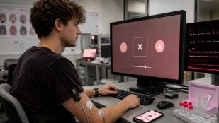 Joven realiza una prueba de atención con notificaciones de redes sociales conectado a sensores
