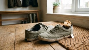 bolsita de té usada y seca dentro de los zapatos