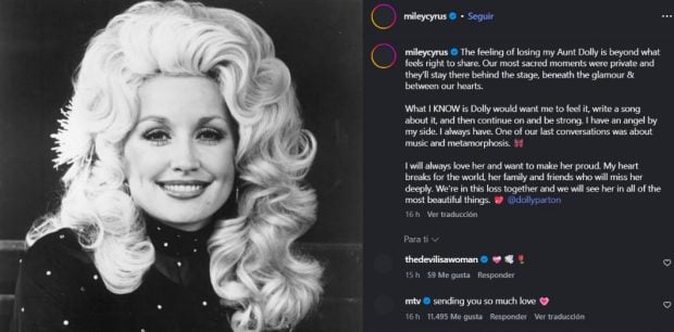 Captura de pantalla de la despedida de Miley Cyrus a Dolly Parton (Instagram).