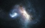 Hace unos 12.000 millones de años, una galaxia enana conocida como LKH colisionó con una Vía Láctea joven y se fusionó con ella. Esta ilustración representa esa colisión. El telescopio espacial Hubble de la NASA halló evidencia definitiva de esta colisión al estudiar cúmulos estelares globulares. Ilustración: NASA, ESA, Joseph Olmsted (STScI)