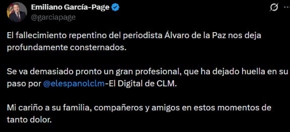 Captura del mensaje de condolencia de Emiliano García-Page por la muerte de Álvaro de la Paz (X).