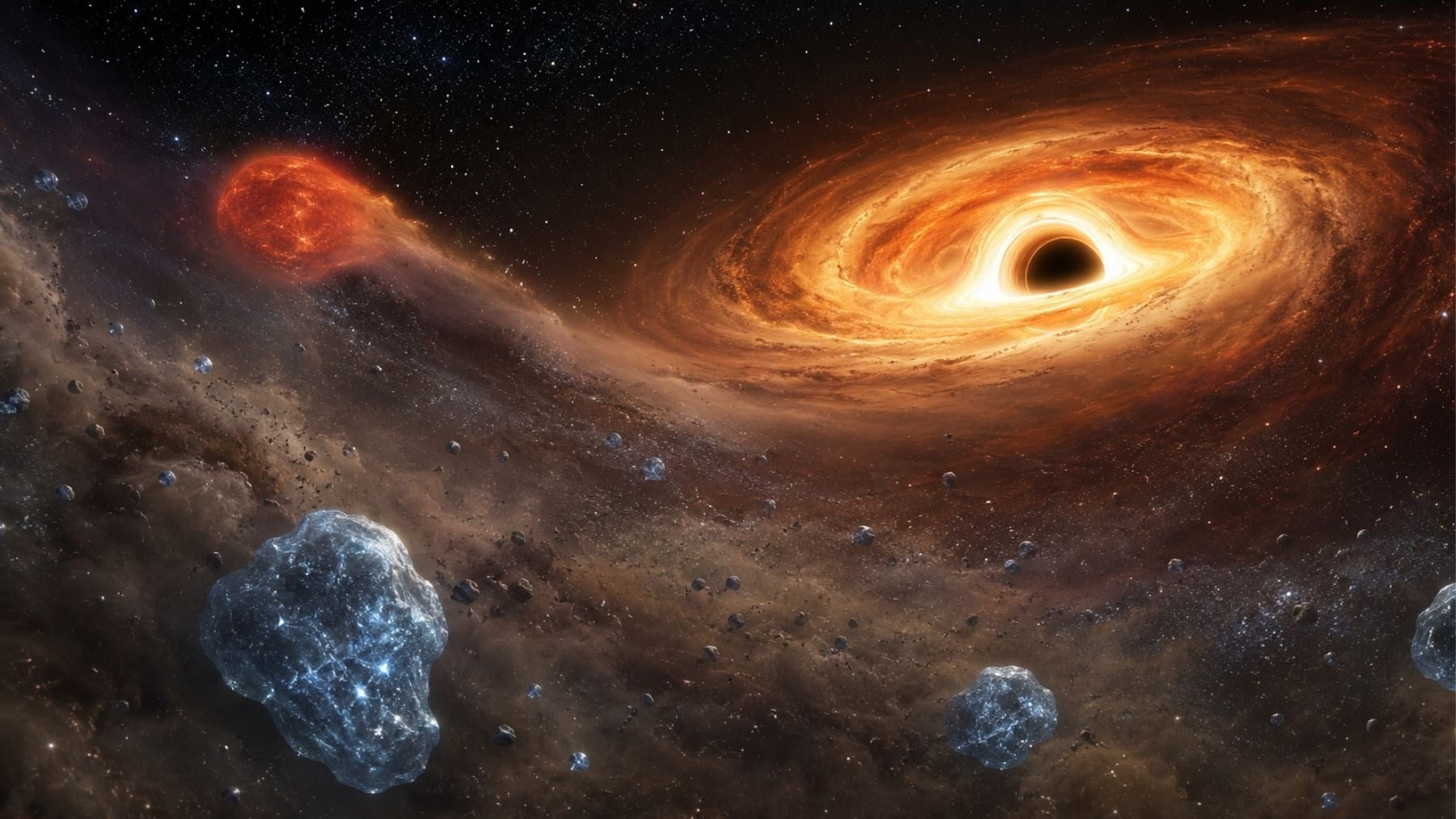 Recreación artística de una estrella rodeada de polvo y moléculas de agua cerca del agujero negro supermasivo Sagitario A*. Foto: elaboración propia con IA