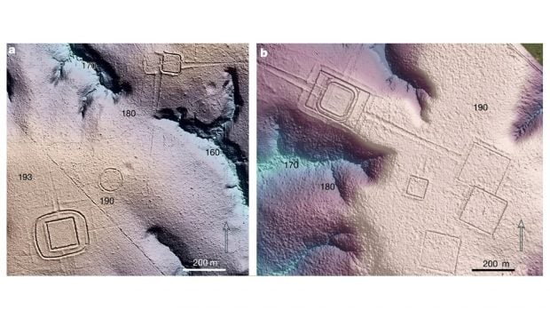 Modelos de terreno digital con sombreado de relieve (LiDAR) de los sitios Piloto y D. Schaan, con recintos delimitados por zanjas. Fuente: Nature.